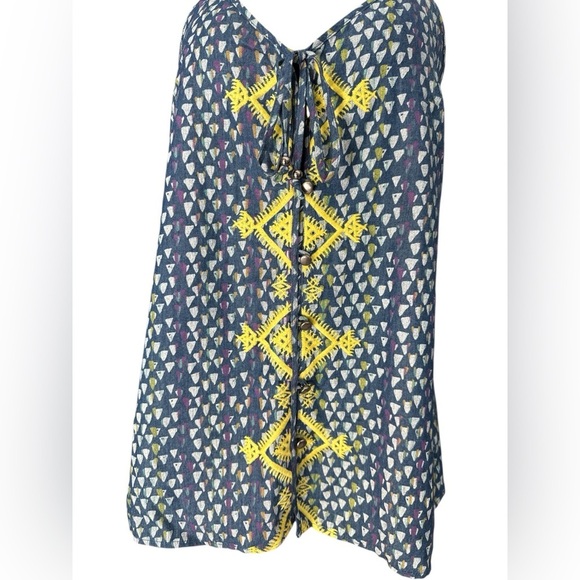 Boho Embroidered Cotton Tank Top Blue Yellow Geometric Print TR Designs size P - Picture 2 of 10